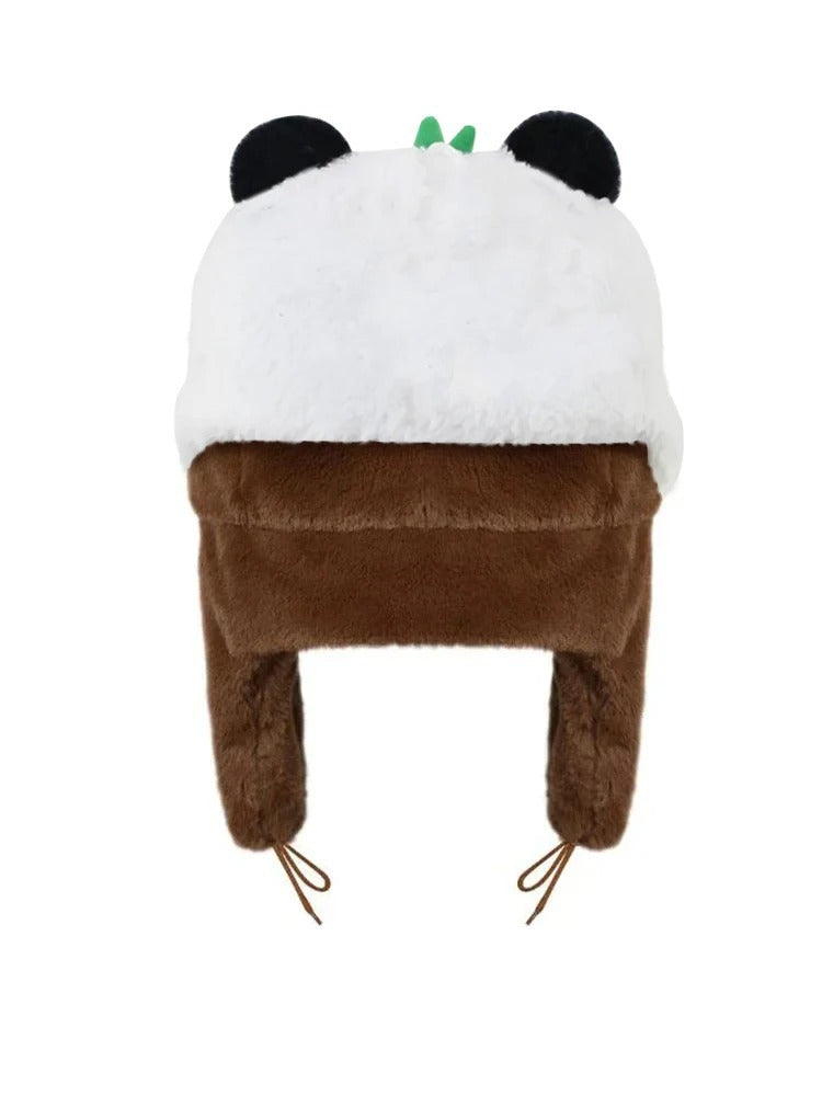 Outdoor cartoon panda embroidery earmuffs windproof double-layer cotton warm coral fleece Lei Feng hat