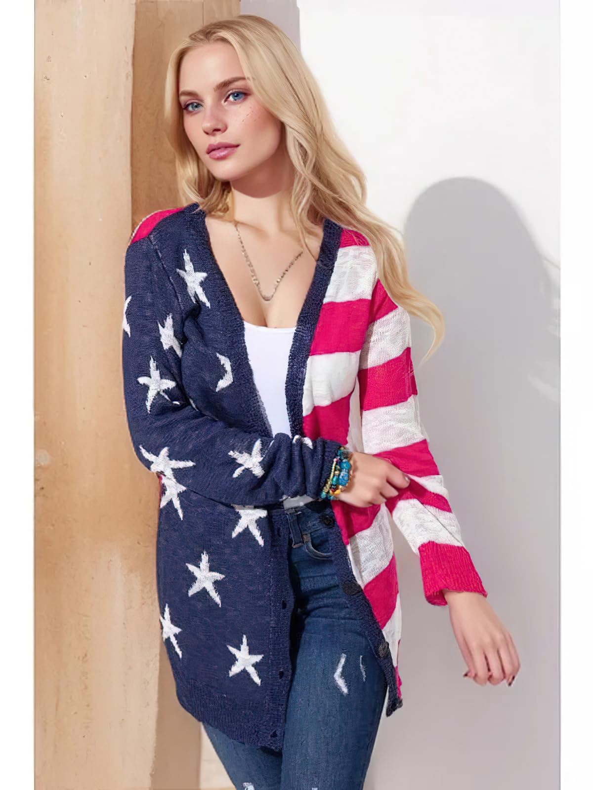 2024 Women's American Flag Cardigan 4th of July Sweater Women's Cardigan Sweaters Oversized Open Front Button Cardigan