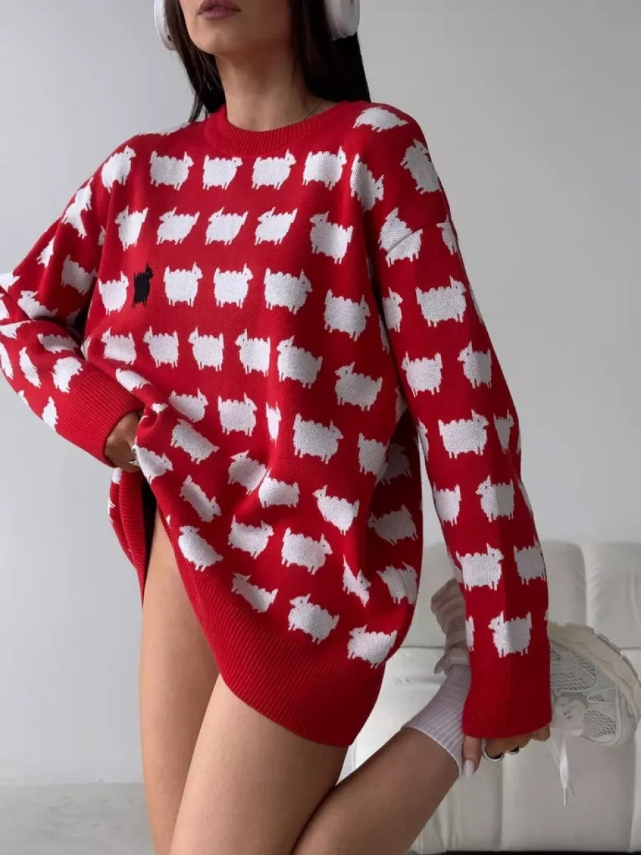 Women's Trendy Fashion Winter Oversized Long Sweater Cartoon Print Loose O Neck Long Sleeve Pullover