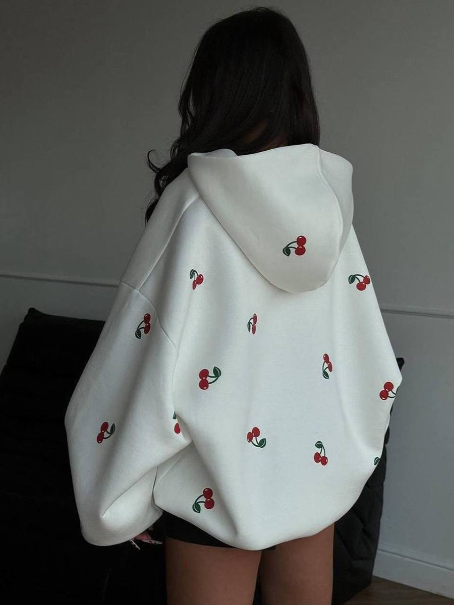 Women's Fashion Cherry Print White Oversized Hoodie Sweatshirt Women's Long Sleeve Loose Streetwear