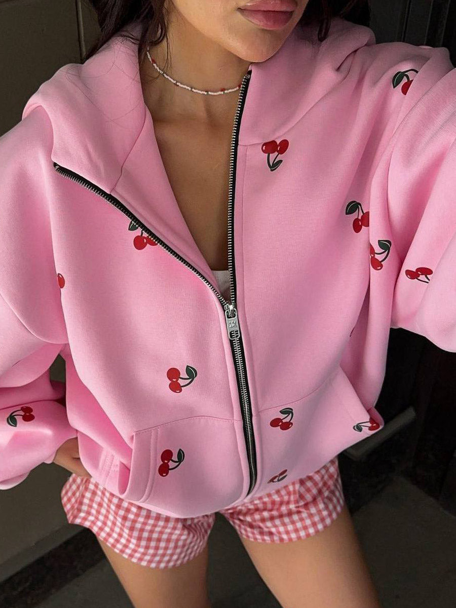 Women's Fashion Cherry Print White Oversized Hoodie Sweatshirt Women's Long Sleeve Loose Streetwear