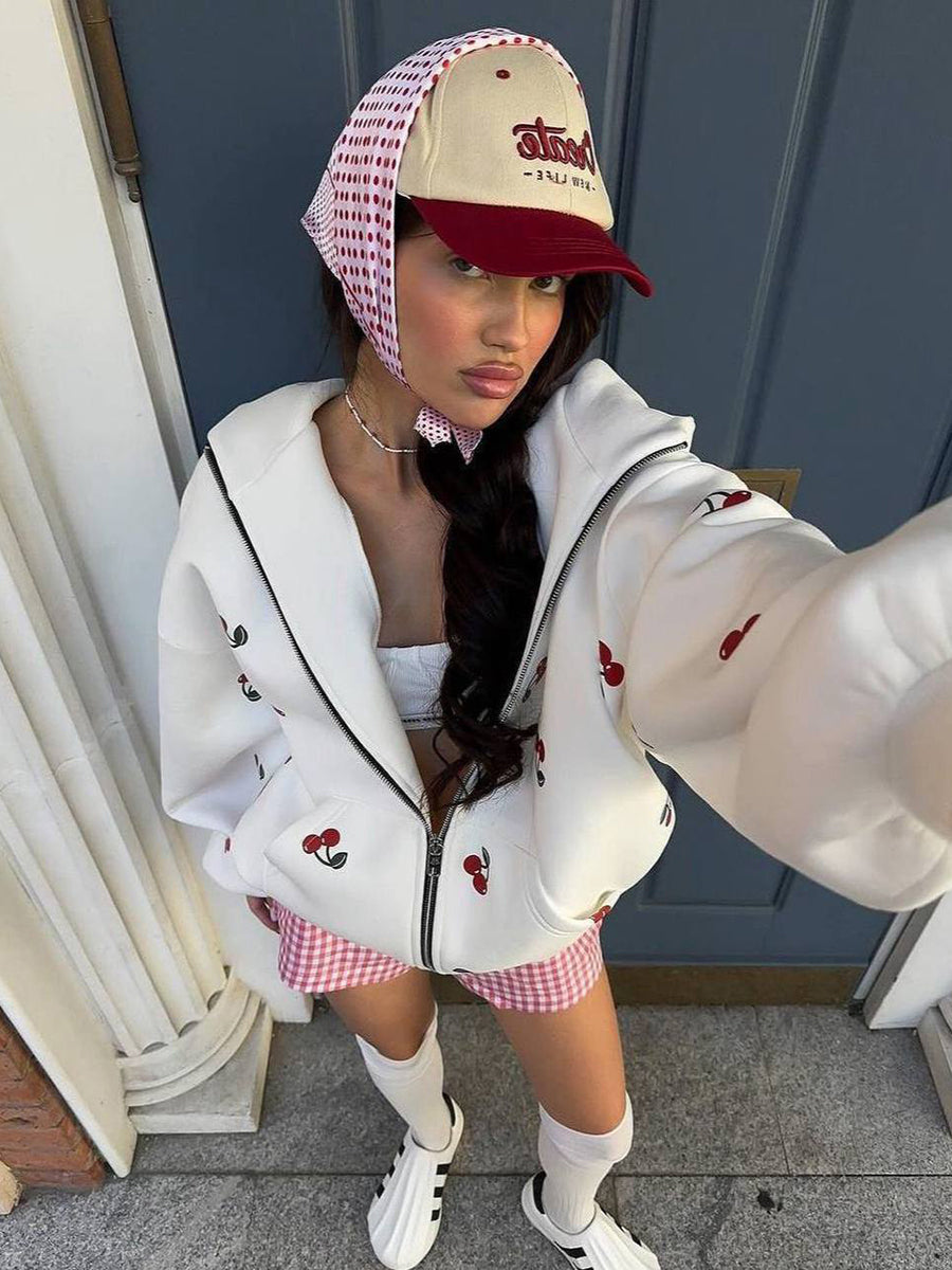 Women's Fashion Cherry Print White Oversized Hoodie Sweatshirt Women's Long Sleeve Loose Streetwear