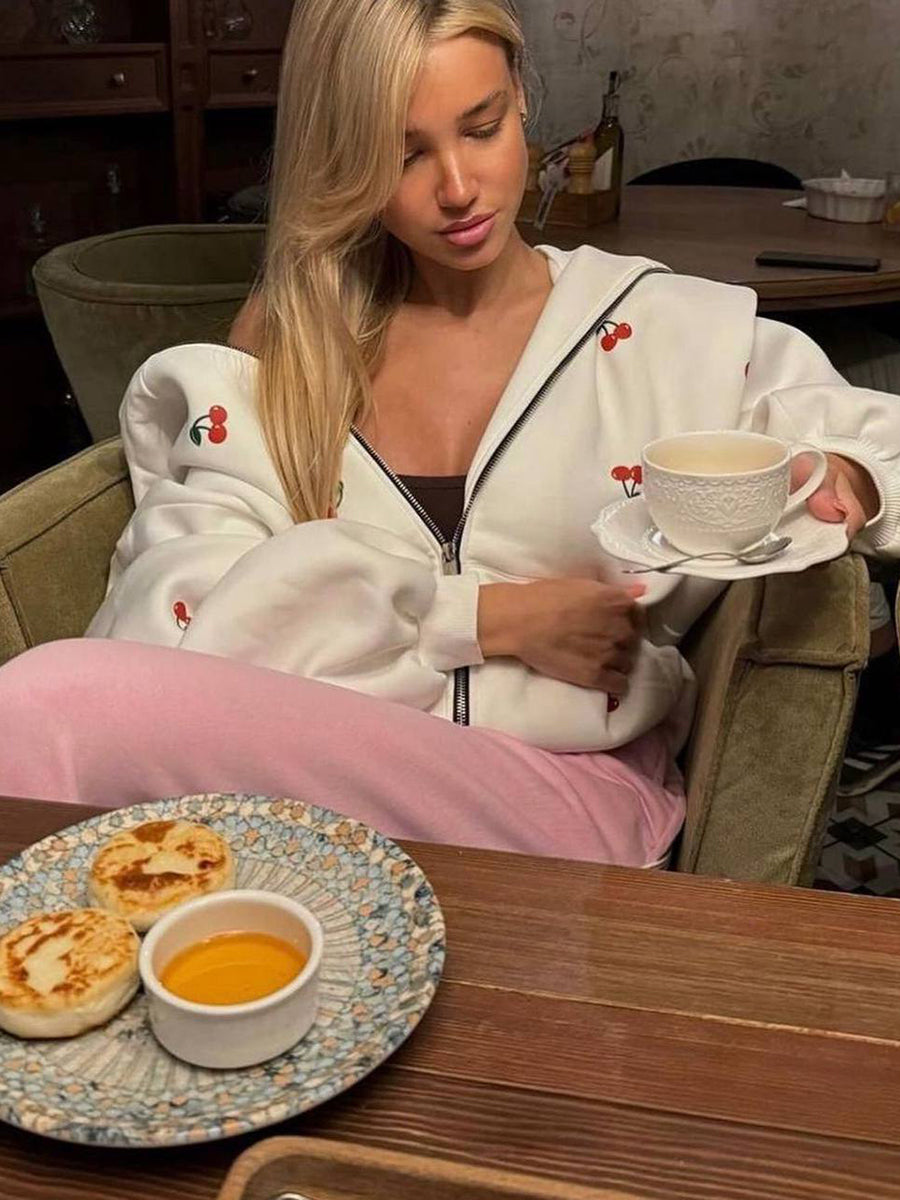 Women's Fashion Cherry Print White Oversized Hoodie Sweatshirt Women's Long Sleeve Loose Streetwear