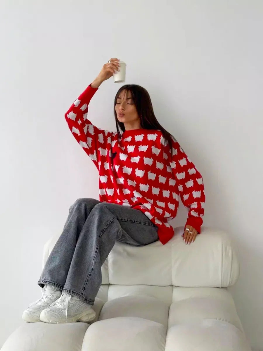 Women's Trendy Fashion Winter Oversized Long Sweater Cartoon Print Loose O Neck Long Sleeve Pullover