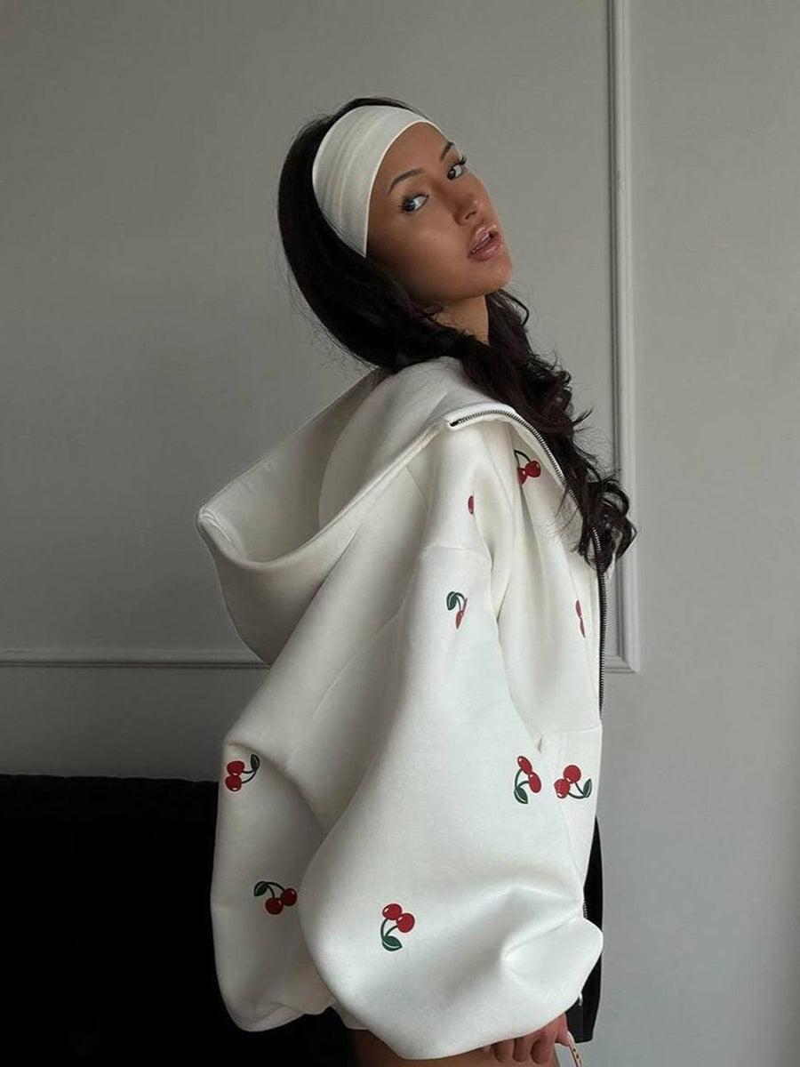 Women's Fashion Cherry Print White Oversized Hoodie Sweatshirt Women's Long Sleeve Loose Streetwear