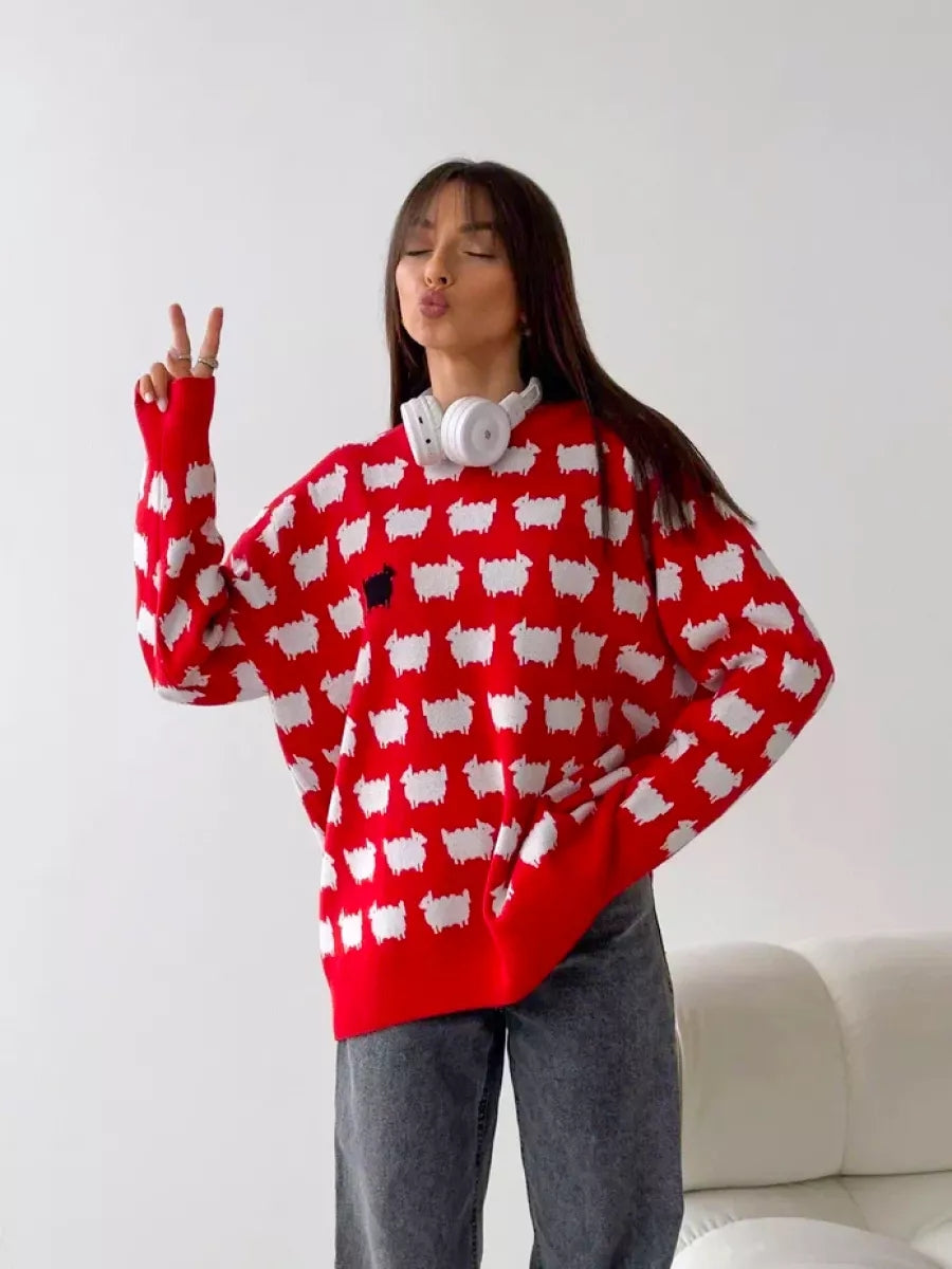 Women's Trendy Fashion Winter Oversized Long Sweater Cartoon Print Loose O Neck Long Sleeve Pullover