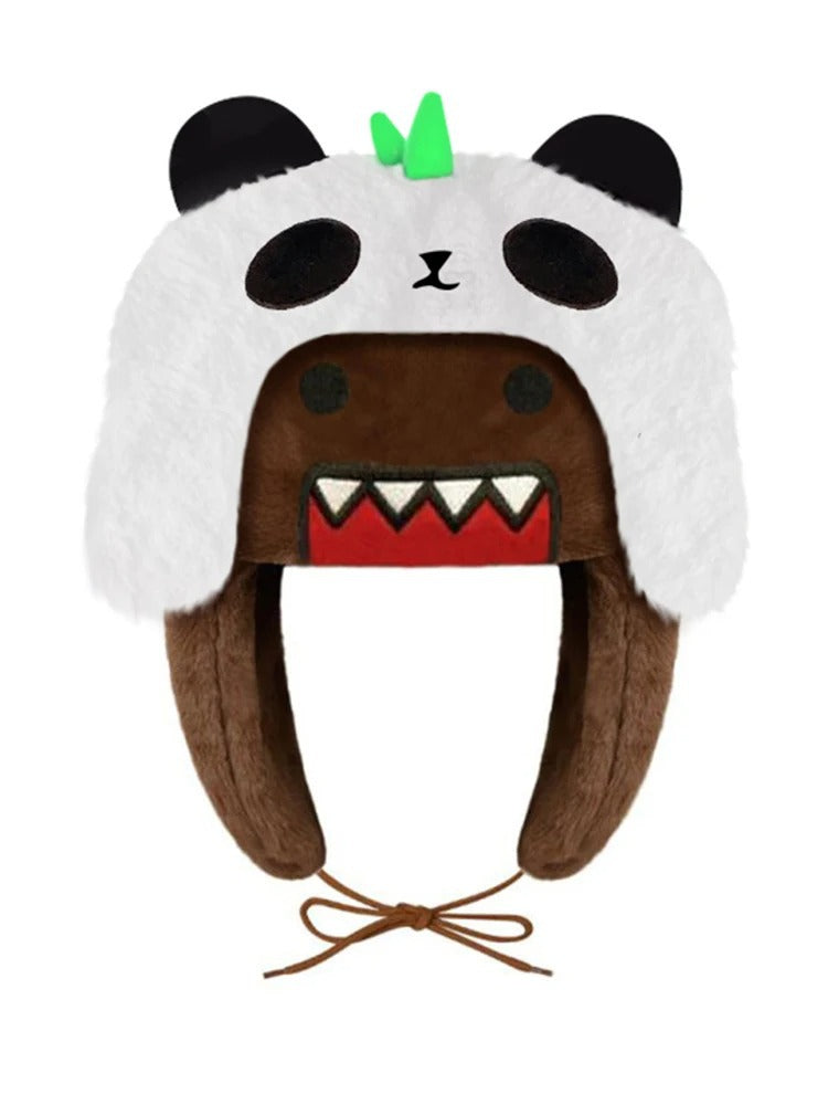 Outdoor cartoon panda embroidery earmuffs windproof double-layer cotton warm coral fleece Lei Feng hat