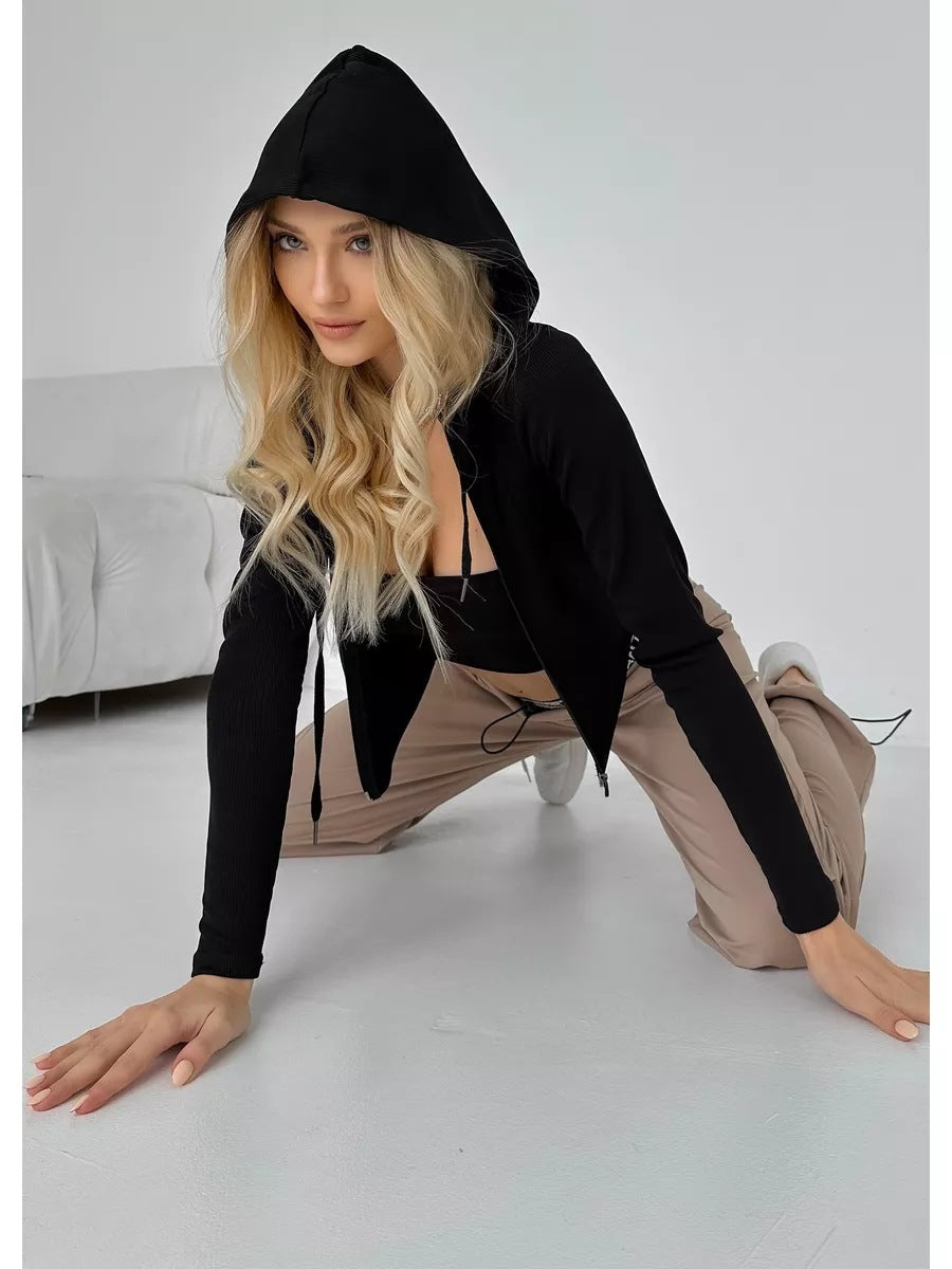 Women's Long Sleeves Cropp Zipper Solid Top Hoodies Streetwear Hip Hop Short Hooded Sweatshirt