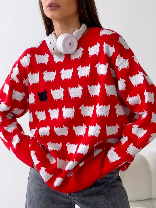 Women's Trendy Fashion Winter Oversized Long Sweater Cartoon Print Loose O Neck Long Sleeve Pullover