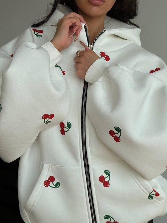 Women's Fashion Cherry Print White Oversized Hoodie Sweatshirt Women's Long Sleeve Loose Streetwear